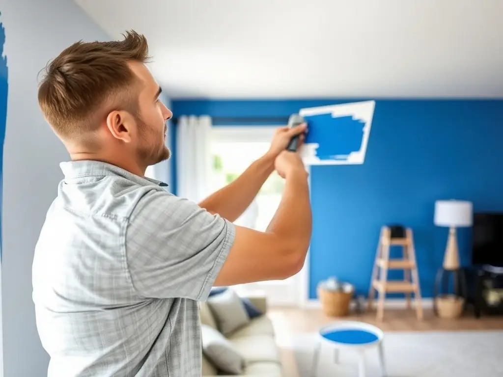 A professional painter applying a fresh coat of vibrant blue paint to an interior wall, showcasing the precision and quality of T & T Contractors' painting services.