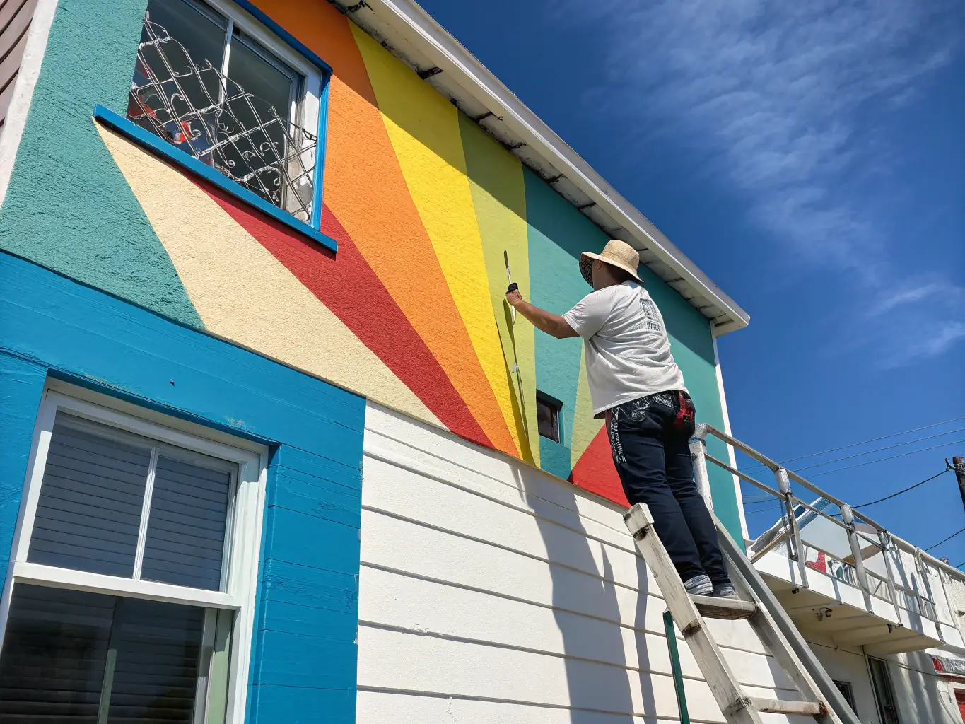 A skilled painter applies a coat of vibrant, high-quality paint to the exterior of a commercial building, showcasing the transformation and enhanced curb appeal achieved through professional painting services.