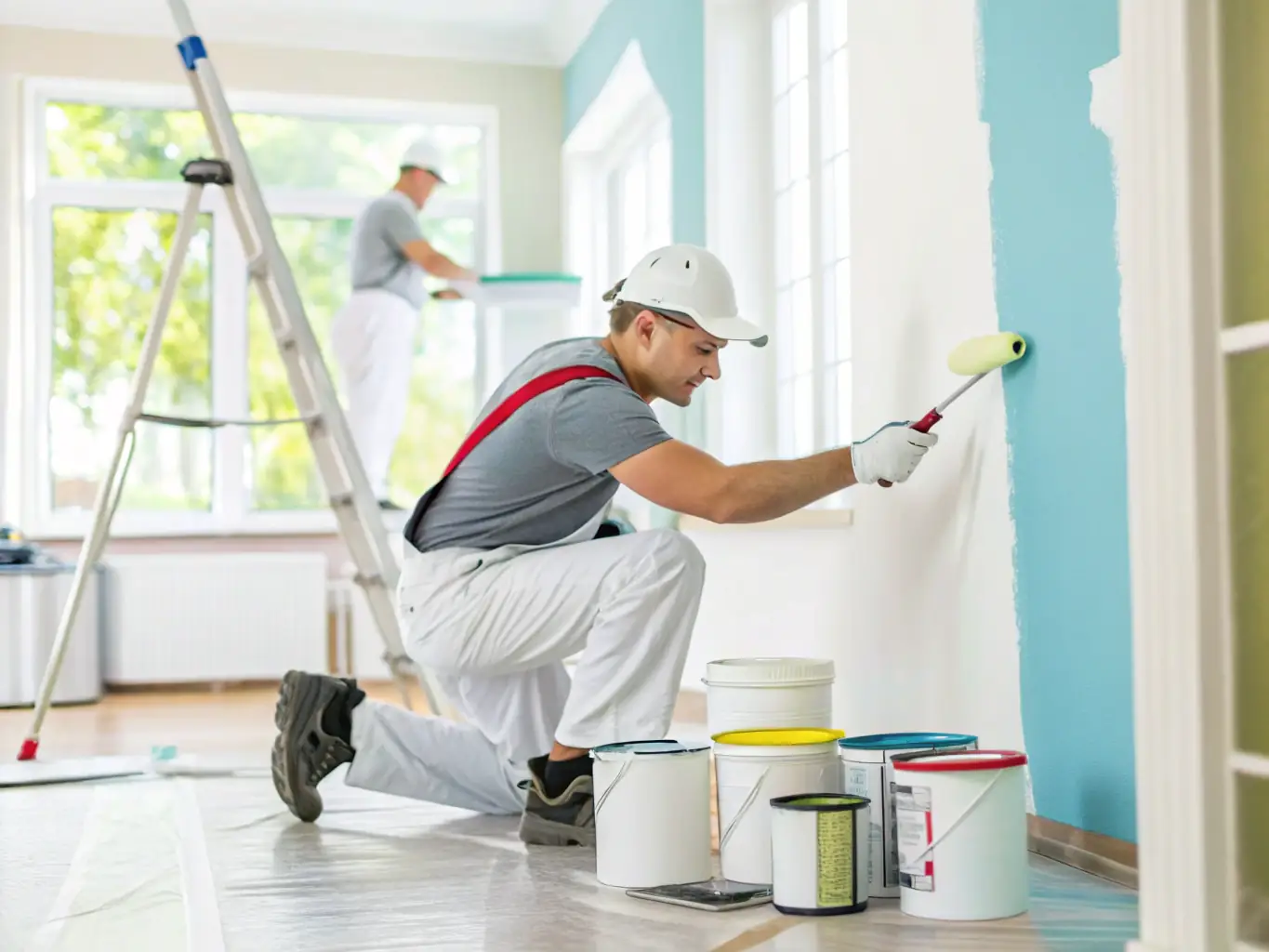 A professional painter meticulously prepares a wall surface by sanding it smooth before applying primer, ensuring a flawless base for the final coat of paint in a residential setting.