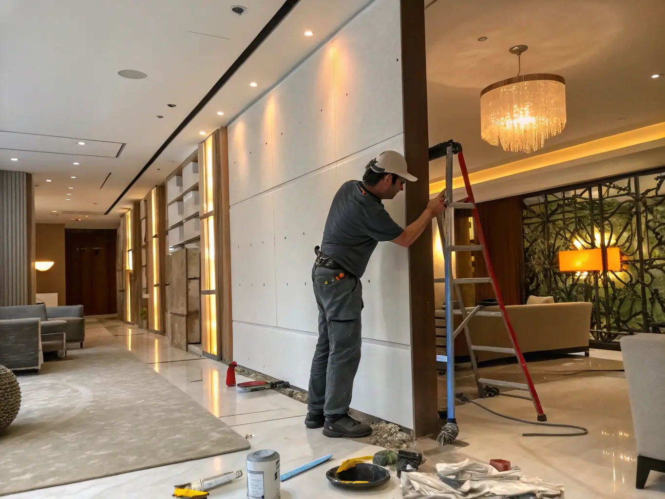 A skilled technician installing drywall sheets in a new home construction, demonstrating the expertise and precision of T & T Contractors' drywall installation services.